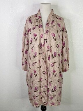 Vintage Intimate Options Champagne & Purple Floral 100% Silk Kimono Robe